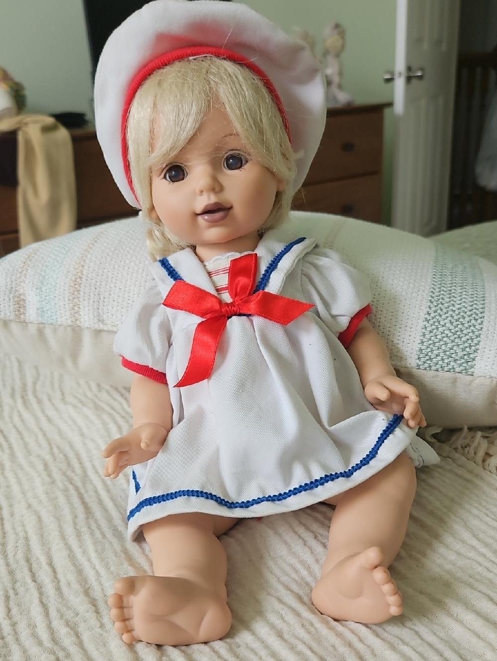 Sailor-Style Baby Doll in White with Red & Blue Trim